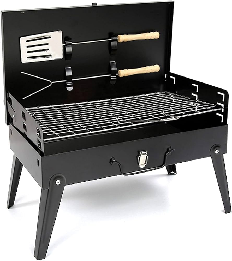 Black Iron Charcoal BBQ Grill with Accessories Portable Folding Outdoor Barbecue