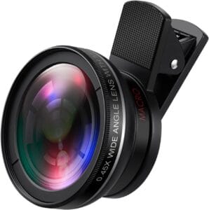 Phone Camera Lens, 0.45X Super Wide Angle Lens, 15X Macro Lens, Clip-On 2 in 1 Lens Kit