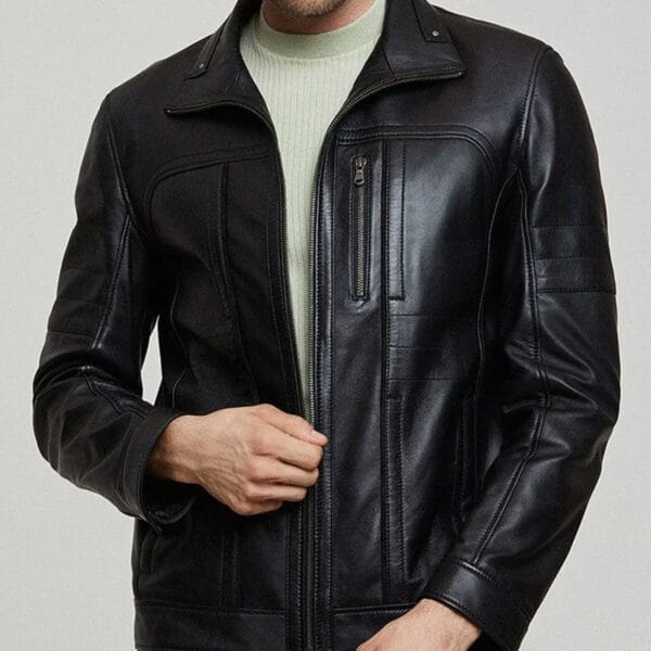 Men's-Black-Zippered-Accents-Leather-Biker-Jacket2