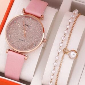 Lovely Pink Leather Watch Set for Women, Featuring 2 Pieces of Fashionable Bracelets