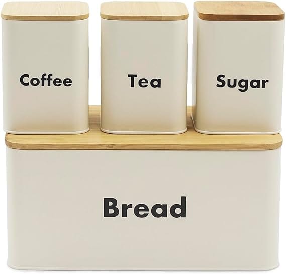 Bread Box for Kitchen Countertop with 3 Coffee Tea Sugar Canisters