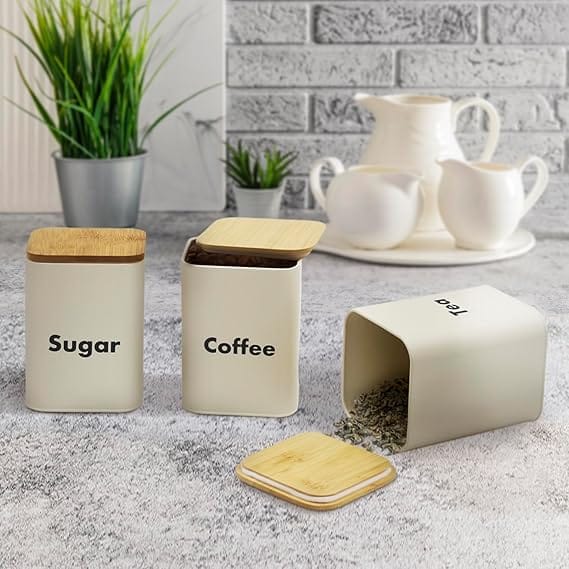 Bread Box for Kitchen Countertop with 3 Coffee Tea Sugar Canisters