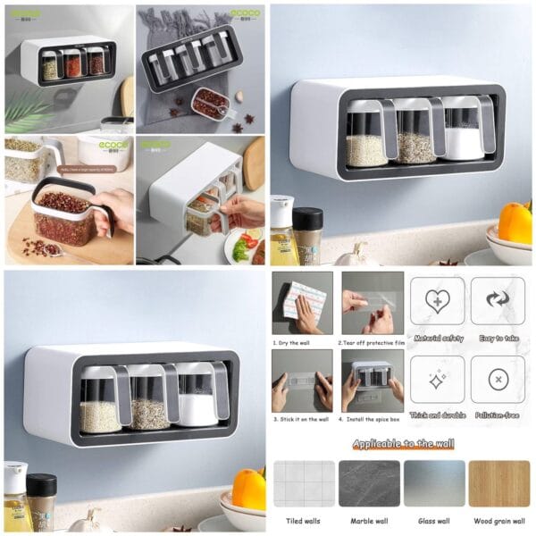 Ecoco Wall Mounted Spice Box Kitchen Seasoning Multi-Grid Storage Box