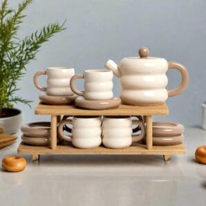 Dounts Porcelain Tea Set on a Wooden Stand 13-Piece