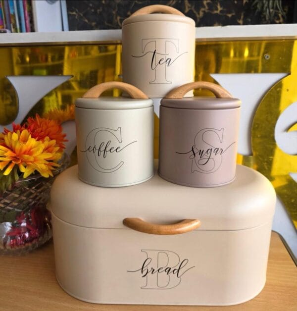 Bread Box With Sugar Coffee Tea Canisters Metal Pantry Countertop 4Pcs Set