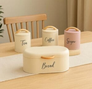 Bread Box With Sugar Coffee Tea Canisters Metal Pantry Countertop 4Pcs Set