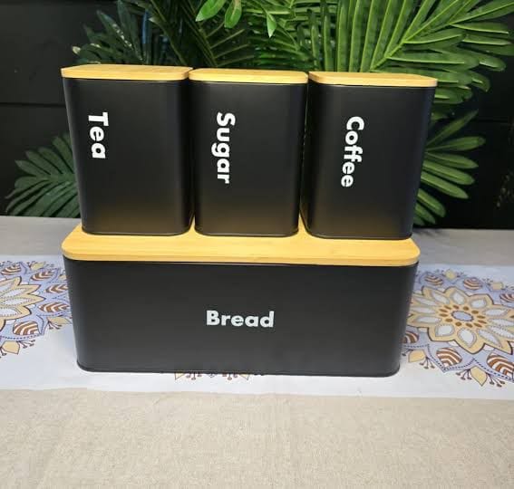 Bread Box for Kitchen Countertop with 3 Coffee Tea Sugar Canisters